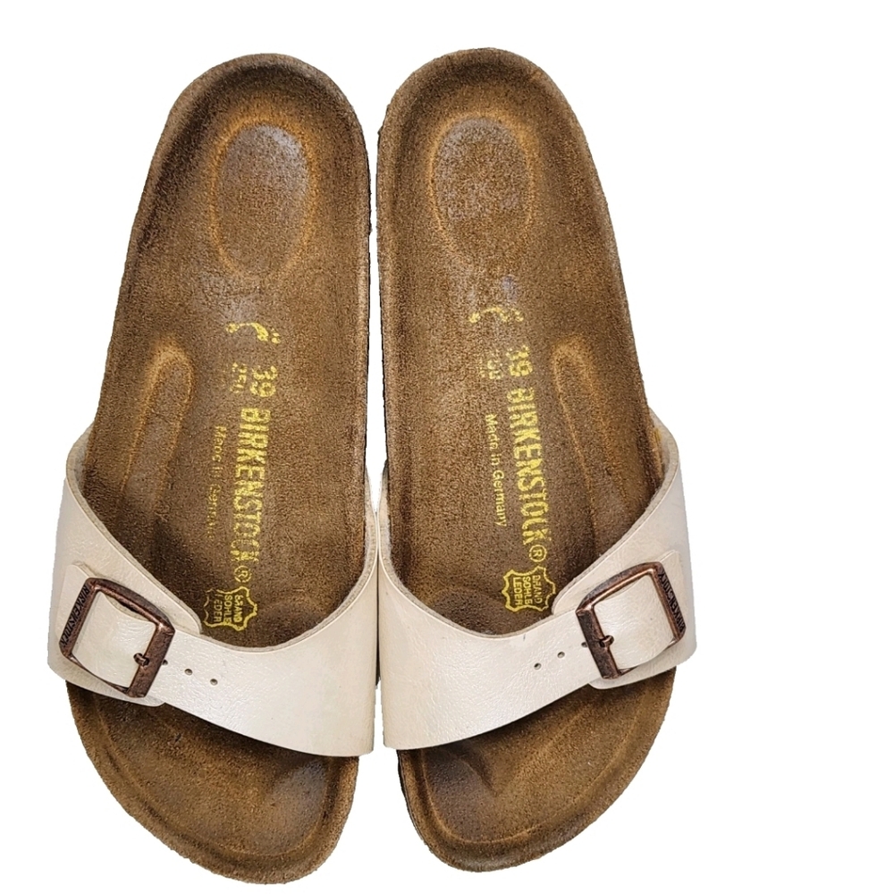 BIRKENSTOCK Madrid Iridescent Pearl Leather Sz 39/8-8.5 Copper Buckle Sandals - Picture 5 of 14